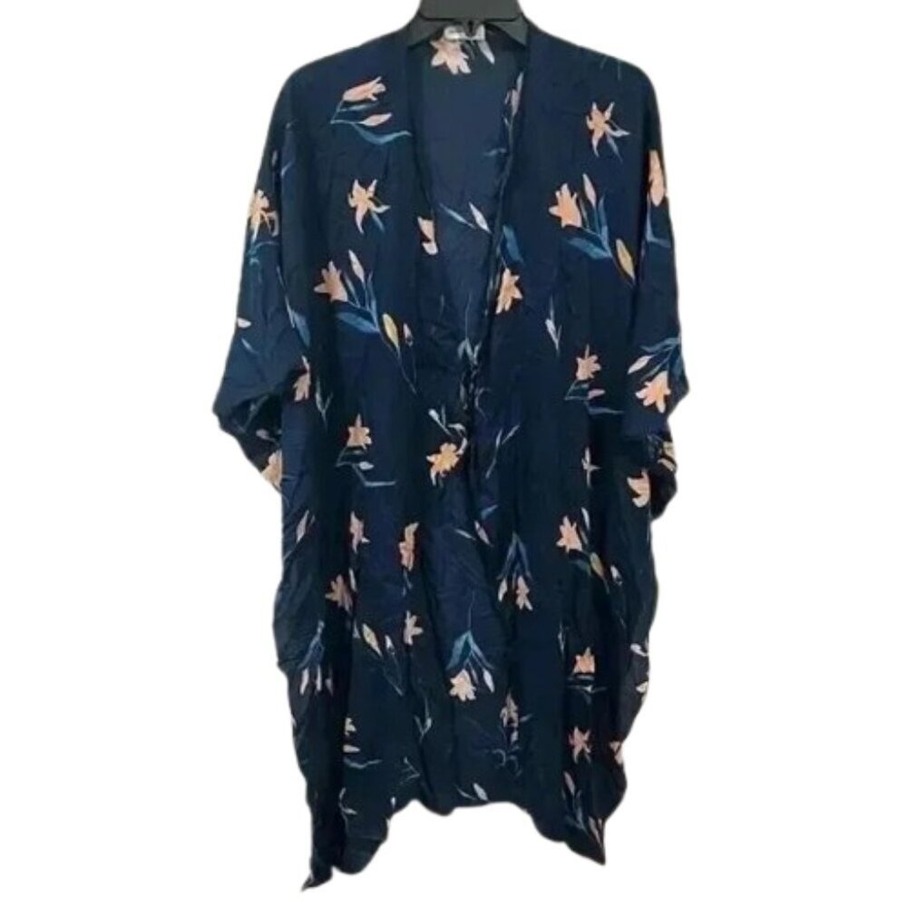 Gentle Fawn Navy Blue Floral Lily Kimono Wrap Cover Up One Size OS Womens
